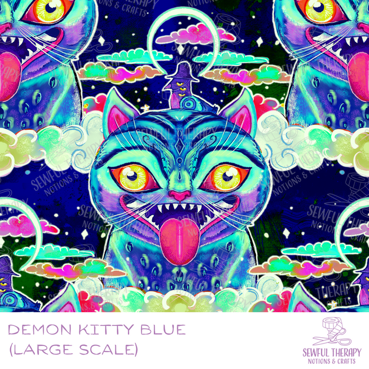 Demon Kitty Blue Smooth Canvas Backed Vinyl (Half Yard)