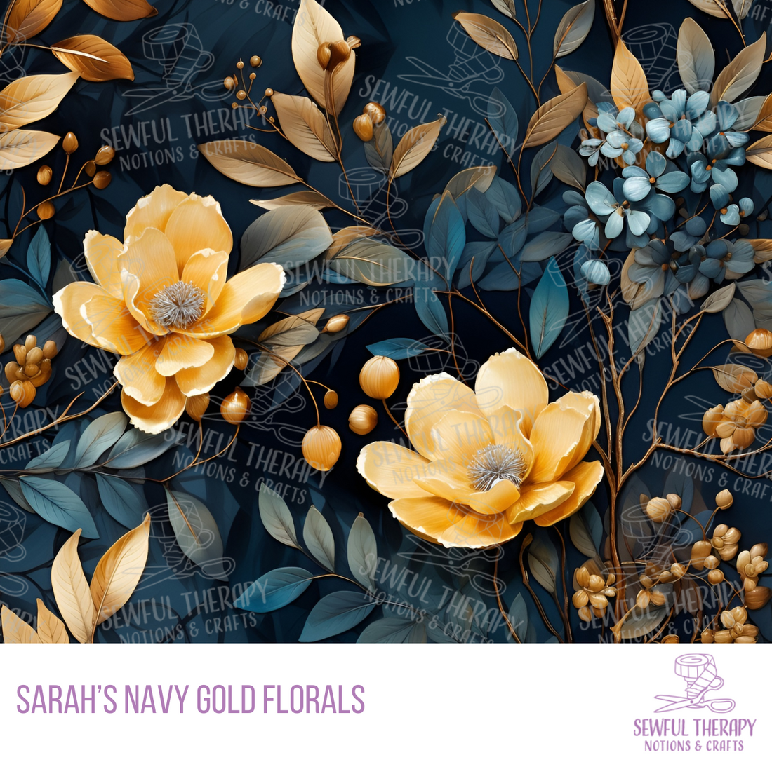Sarah's Navy Gold Florals Waxed Canvas (Half Yard)