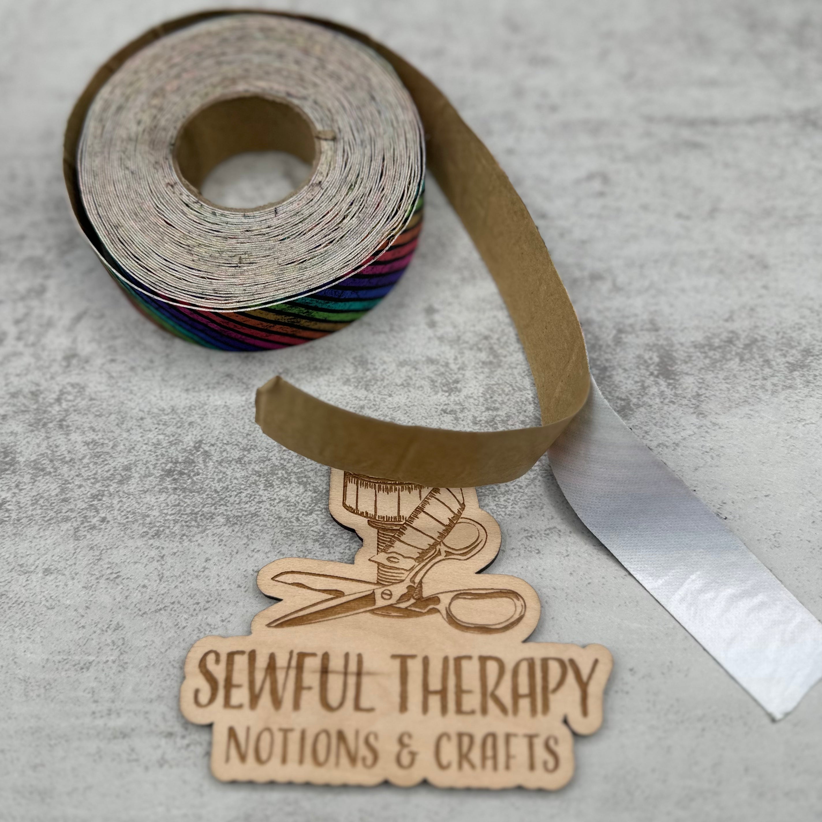 1" Stick 'n Sew™ Self-Adhesive Binding Tape in Diagonal Rainbow Grunge Stripes (10 Yard Roll)
